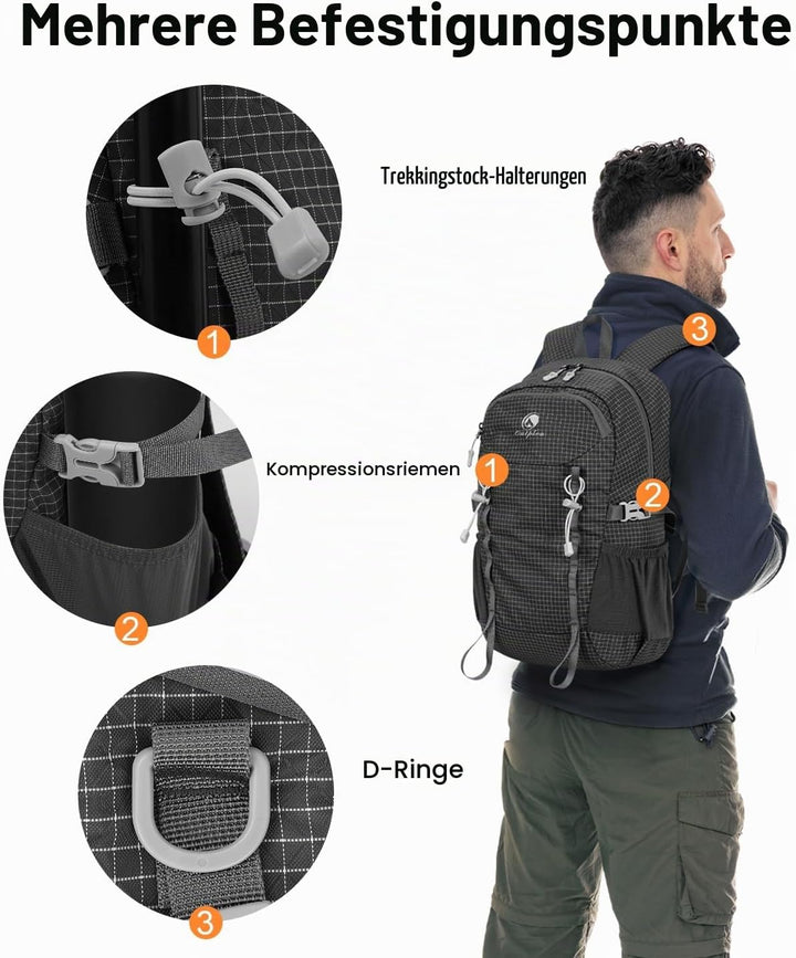 20L Klein Wanderrucksack Damen Herren, Leicht Tagesrucksack mit Rückenbelüftung 3D Air Mesh, Daypack