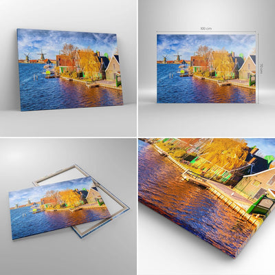 Bilder auf Leinwand 100x70cm Leinwandbild Landschaft Windmühle Wasser Dorf Gross Wanddeko Bild Schla