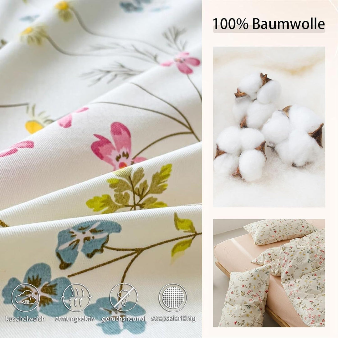 Freyamy Blumen Bettwäsche 135x200cm 2teilig Baumwolle Beige Rosa Bunt Floral Blätter Pflanzen Wende
