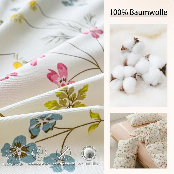 Freyamy Blumen Bettwäsche 135x200cm 2teilig Baumwolle Beige Rosa Bunt Floral Blätter Pflanzen Wende