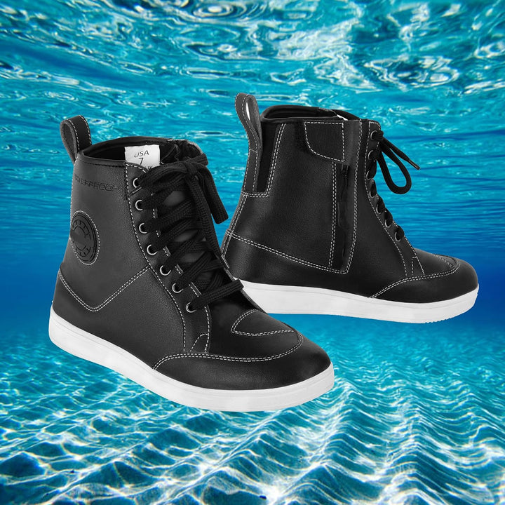 Motorradschuhe für Herren, kurz, wasserdicht, Leder, rutschfeste Sohle, Schwarz