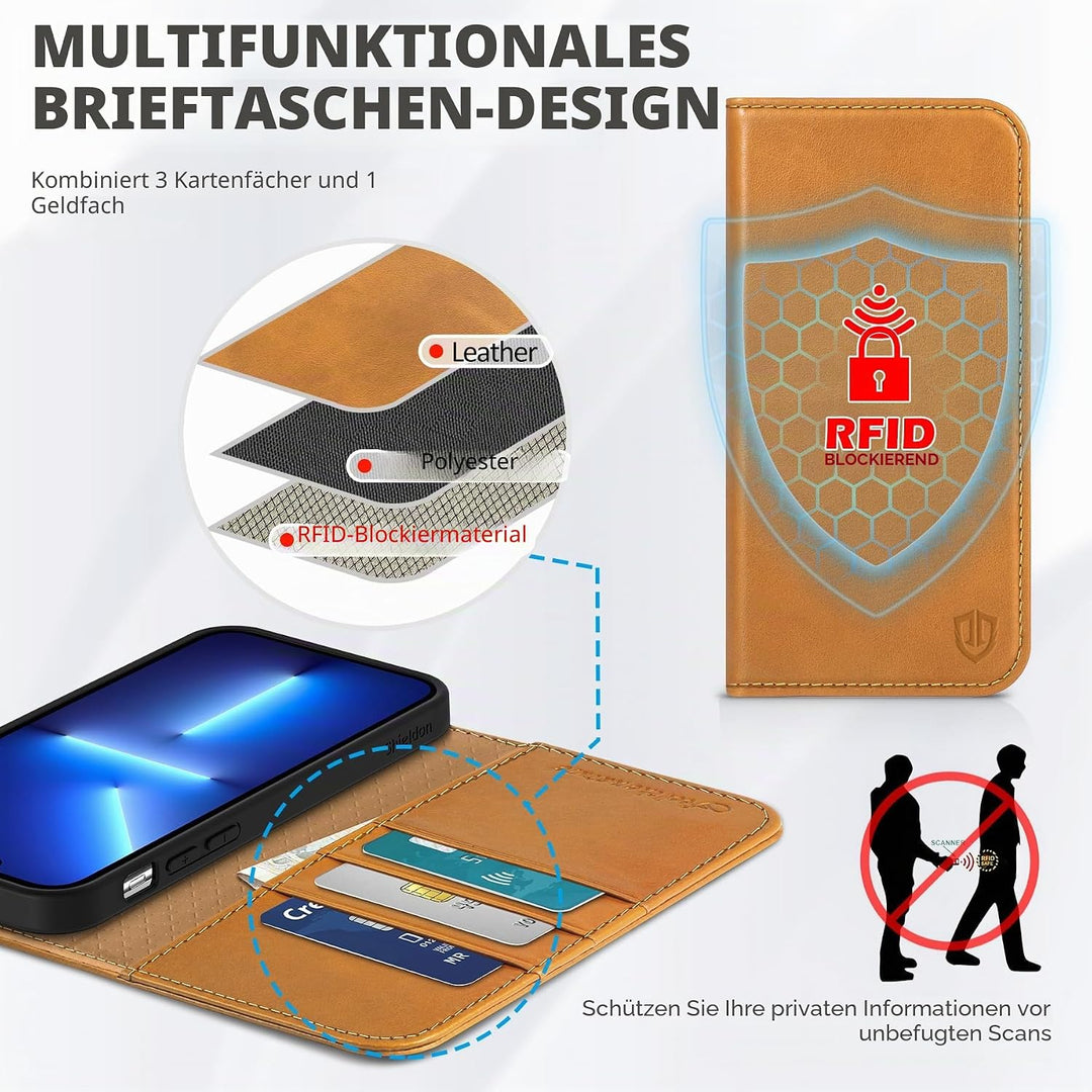 SHIELDON Hülle für iPhone 13 Mini, Schutzhülle [Rindsleder] [Stossfest] [Kartenfächer] [Magnetversch