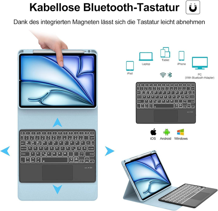 Tastatur für iPad Air 11” M4 2026/M3 2025/M2 2024 con Touchpad, Schutzhülle mit Stifthalter, Hülle B