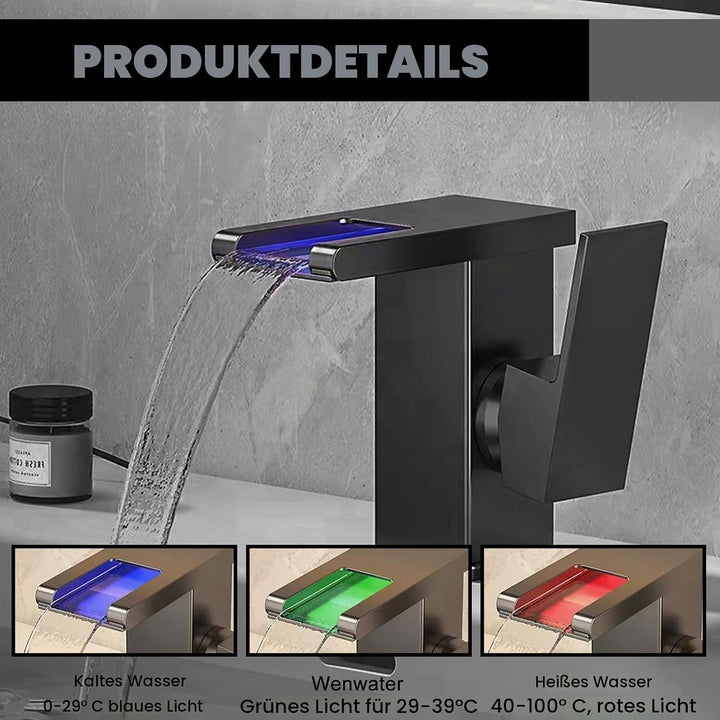 LED Lichter Bad Wasserhahn Schwarz, Wasserfall Armatur, 3 Farbe Waschbeckenarmatur, Warm- und Kaltwa