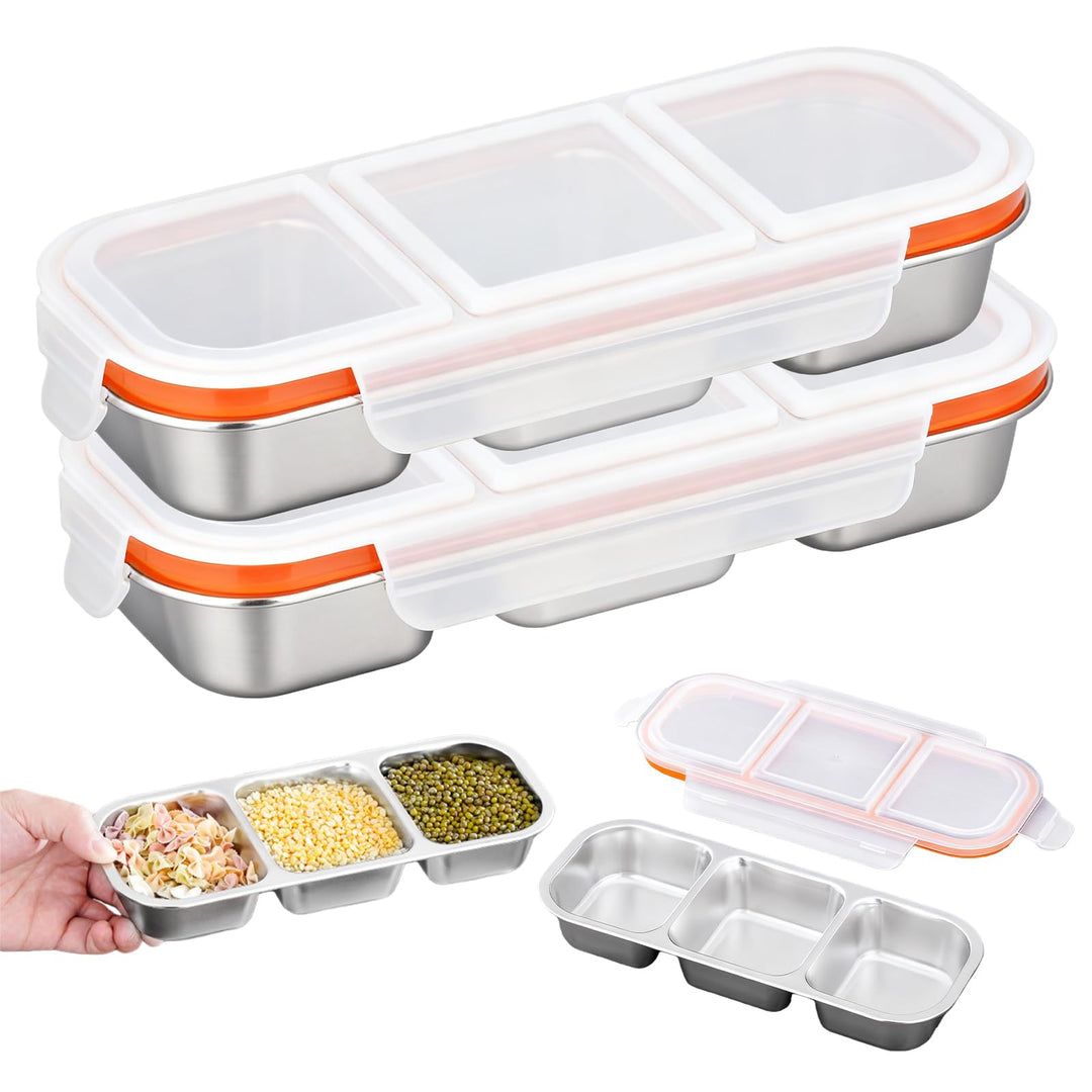 Snackbox Edelstahl 2 Stück mit 3 Fächern 600ml – Auslaufsichere Bento Box Metall mit Deckel, Brotdos