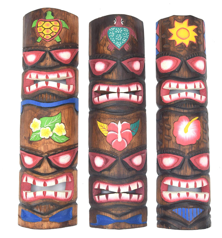Interlifestyle 3 Tiki Totem Masken 50cm im Hawaii Style 3er Set Holzmaske Wandmaske Blumen Schildkrö