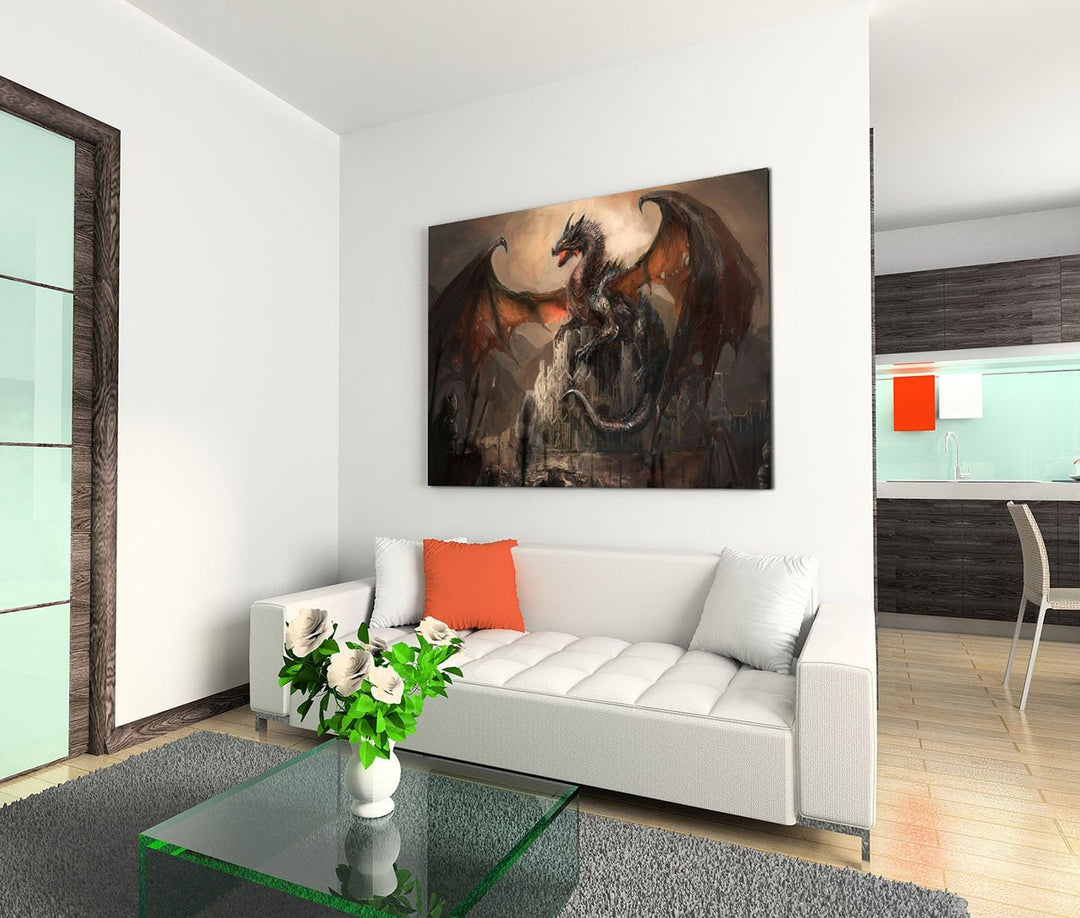 Paul Sinus Art 120x80cm Leinwandbild auf Keilrahmen Ritter Drachen Kampf Dunkelheit Fantasy Wandbild