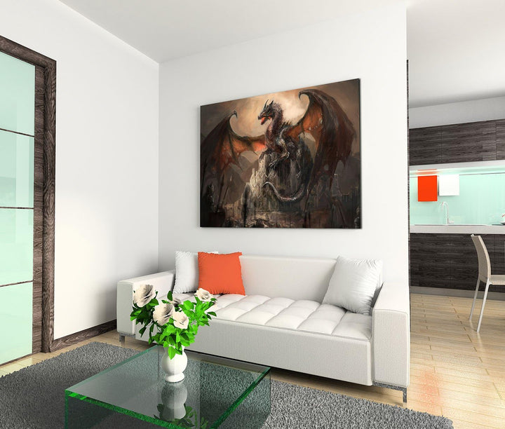Paul Sinus Art 120x80cm Leinwandbild auf Keilrahmen Ritter Drachen Kampf Dunkelheit Fantasy Wandbild