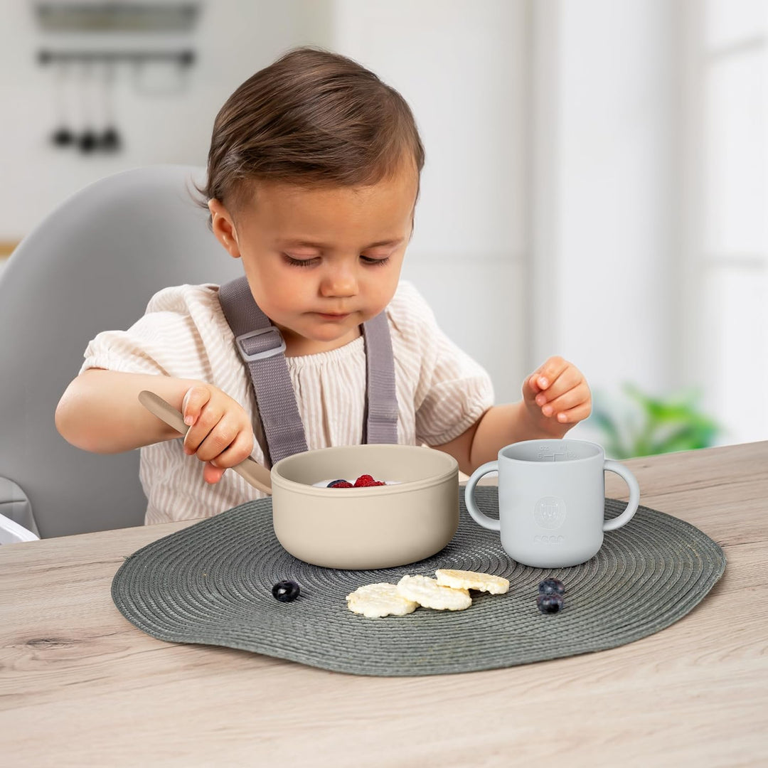 reer Silikon Geschirrset| Kinder-Geschir | 4-teilig – Teller, Schale, Becher & Löffel | lebensmittel