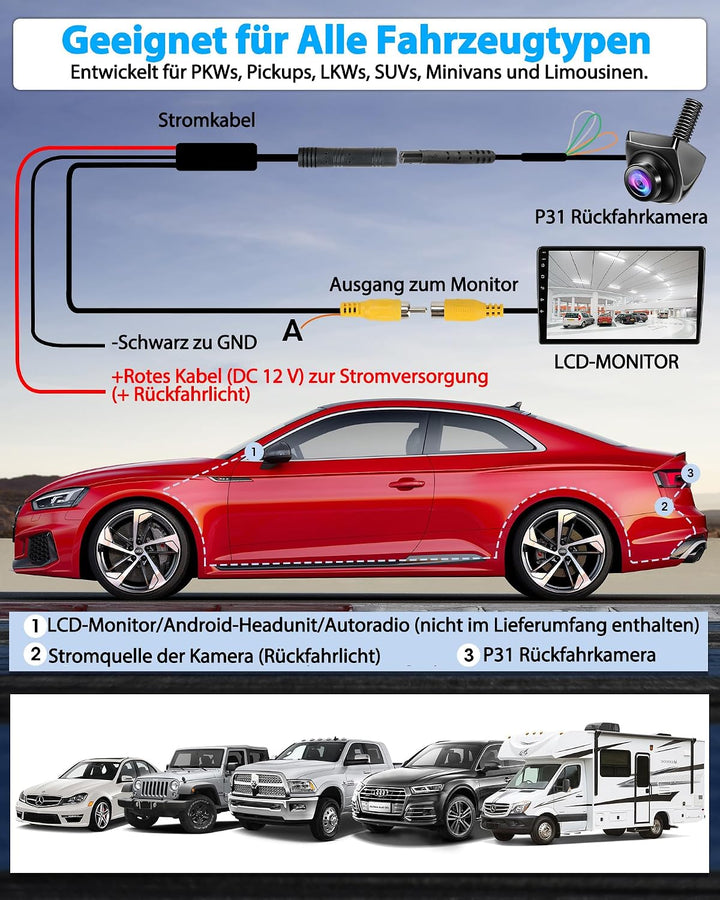 AHD 1080P Rückfahrkamera Auto Rückfahrkamera mit 360°+45° Einstellbares Objektiv Kabel Rückfahrkamer