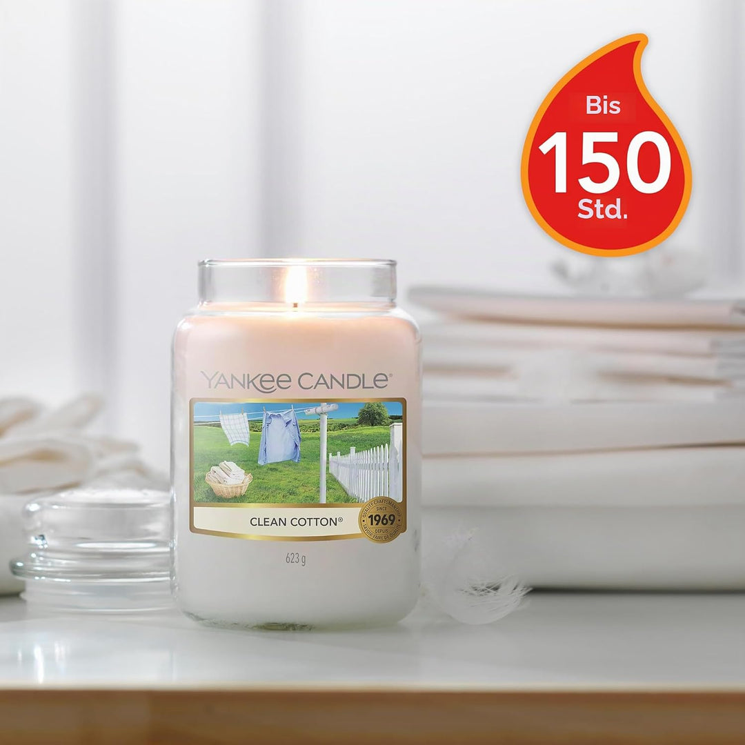Yankee Candle Duftkerze im Glas (gross) – Clean Cotton – Kerze mit langer Brenndauer bis zu 150 Stun