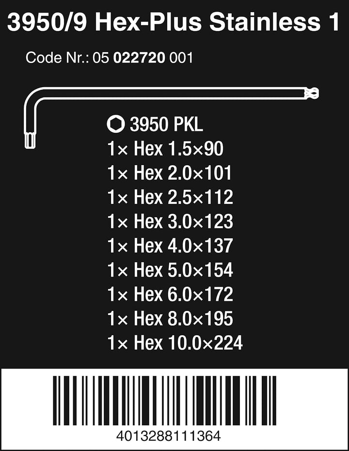 Wera 3950 PKL/9 Winkelschlüsselsatz, metrisch, Edelstahl, 9-teilig, Schwarz/Silber, Einheitsgrösse,
