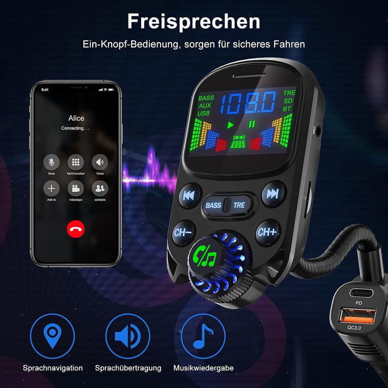 Bluetooth 5.3 FM Transmitter für Auto, SOARUN Bluetooth Adapter Auto QC3.0 & PD3.0 30W Dual USB Lade