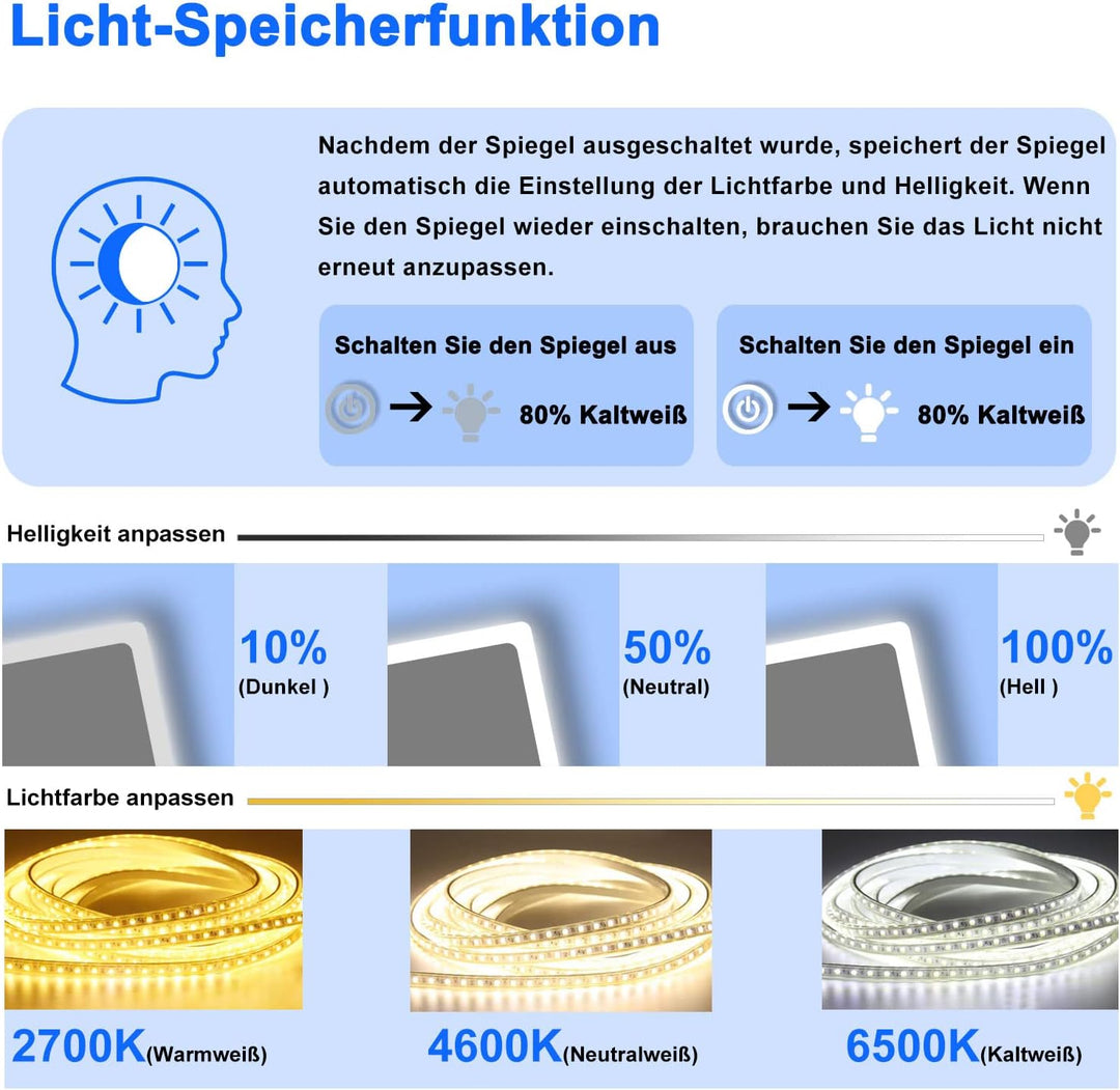LED Badspeigel 70×50cm Bluetooth Uhr 3 Lichfarbe dimmbar Memory Wand/Touchschalter Anti-Beschlag Spi