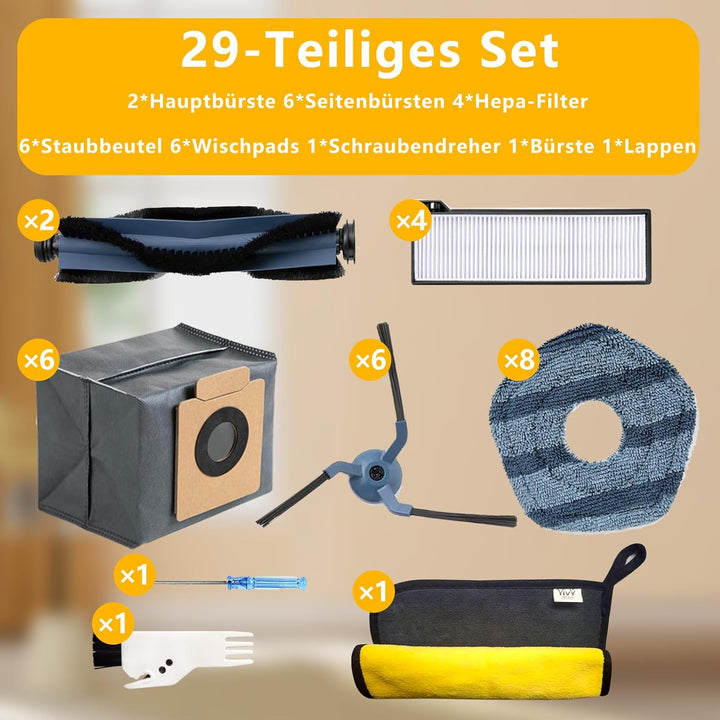 Yivy 29 Stück Zubehörset für Eufy X10 Pro Omni Saugroboter,2 Hauptbürste,6 Seitenbürsten,6 Staubbeut