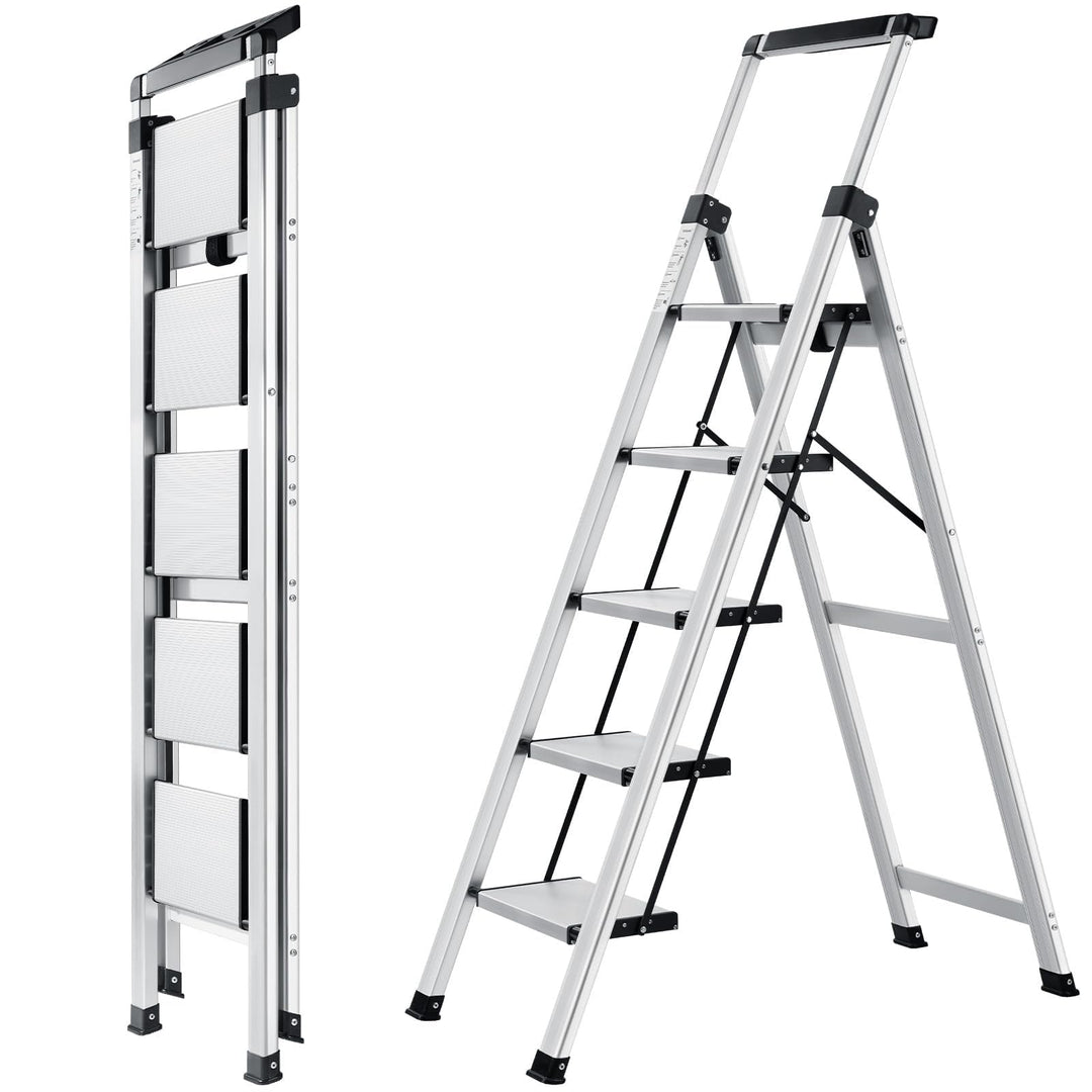 XinSunho Stufenleiter, Klappleiter 5 Stufen mit Ausziehbarem Handlauf, Aluminium Trittleiter, rutsch