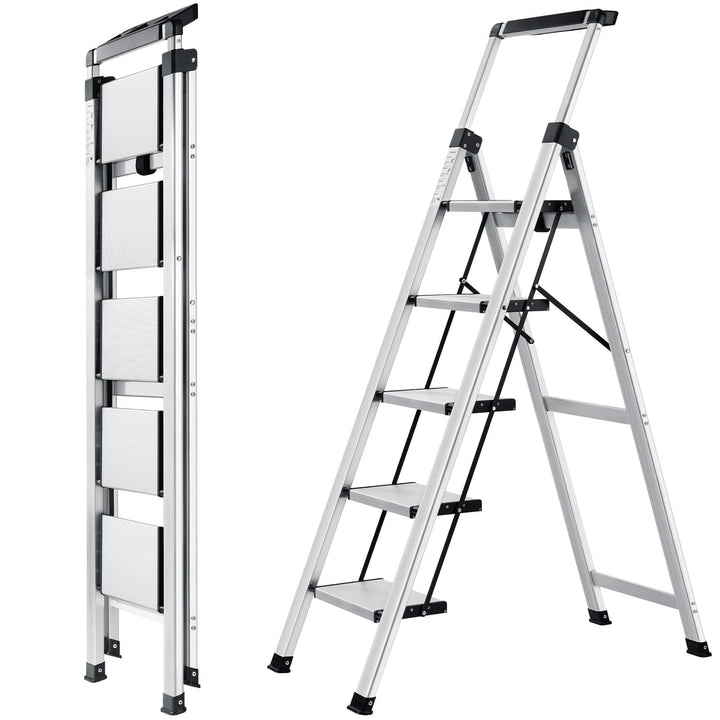 XinSunho Stufenleiter, Klappleiter 5 Stufen mit Ausziehbarem Handlauf, Aluminium Trittleiter, rutsch
