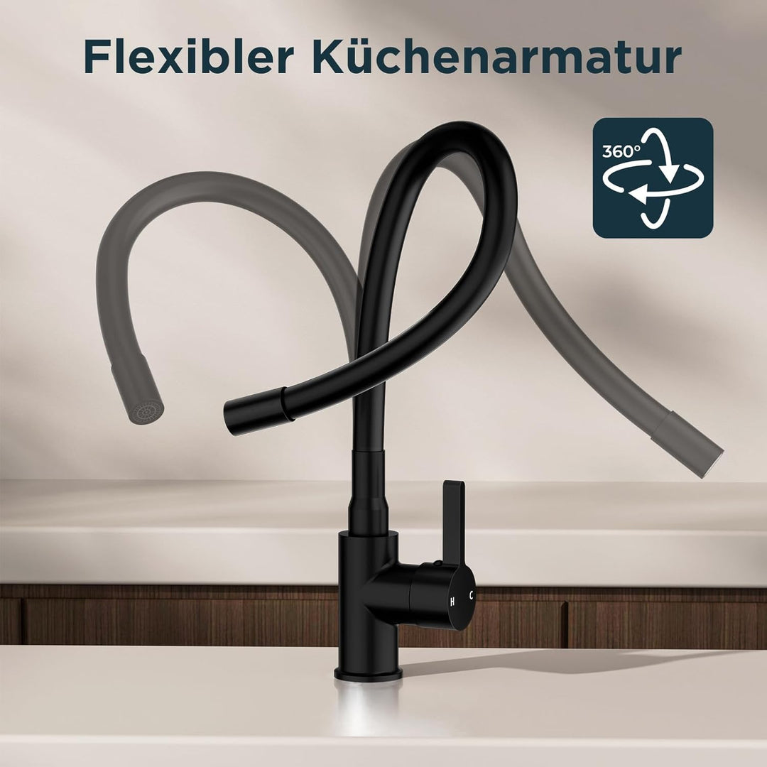 FORIOUS Flexible Wasserhahn Küche Schwarz, 360° Drehbar Küchenarmatur 1 Loch Spülenarmatur, Einhebel