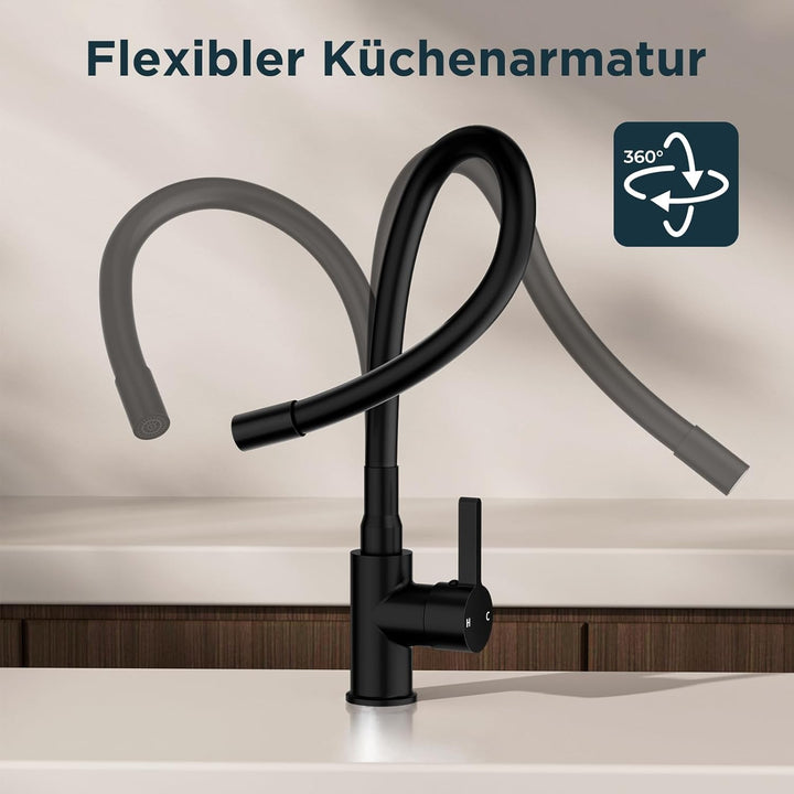FORIOUS Flexible Wasserhahn Küche Schwarz, 360° Drehbar Küchenarmatur 1 Loch Spülenarmatur, Einhebel