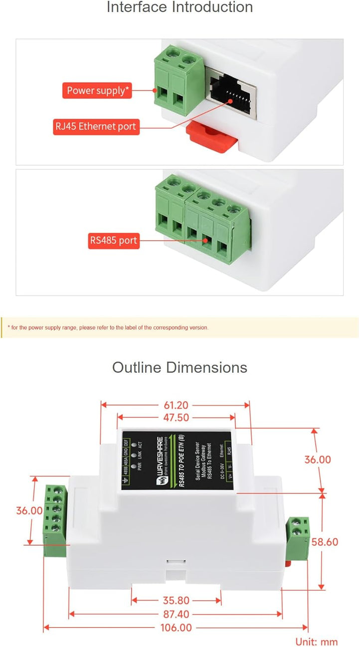 Industrial RS485 to RJ45 Ethernet Serial Server Rail-Mount RS485 to Ethernet Module, TCP/IP to RS485