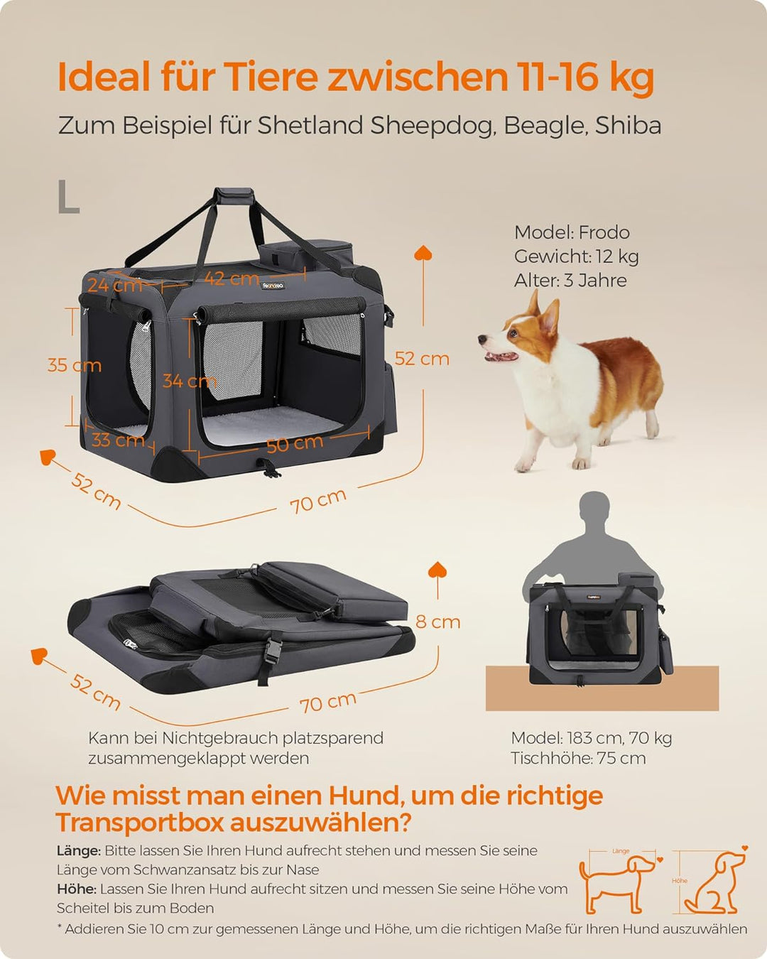 Feandrea Hundebox faltbar, Transportbox Hund, L, Hundetasche, Oxford-Gewebe, Netzstoff, atmungsaktiv