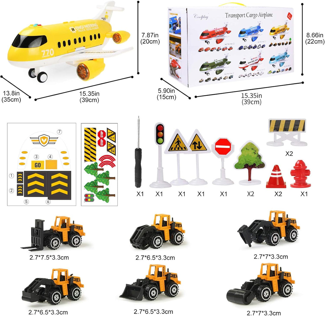 Coolplay Flugzeug mit Auto Baufahrzeuge für Kinder, Transporter Spielzeugautos Geschenk Flugzeug Spi