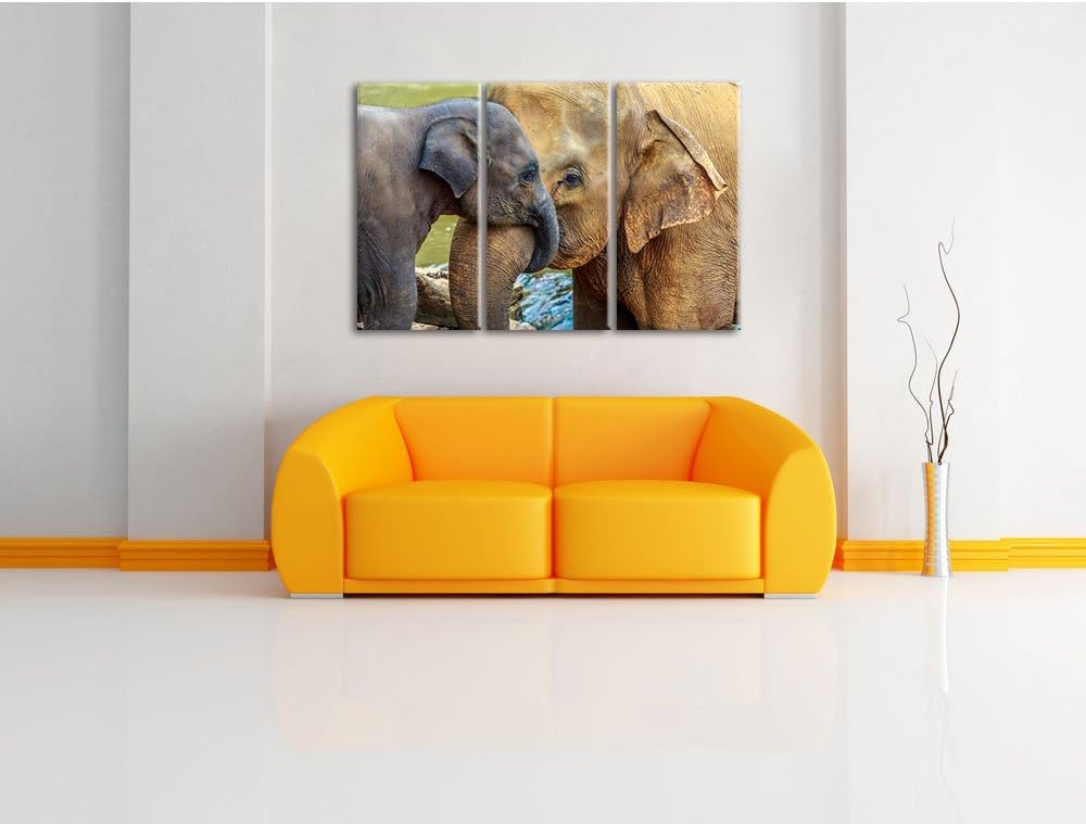 Pixxprint Elefantenmutter mit Kalb als Leinwandbild/Grösse: 3 Teilig (120x80) / Wandbild/Kunstdruck/