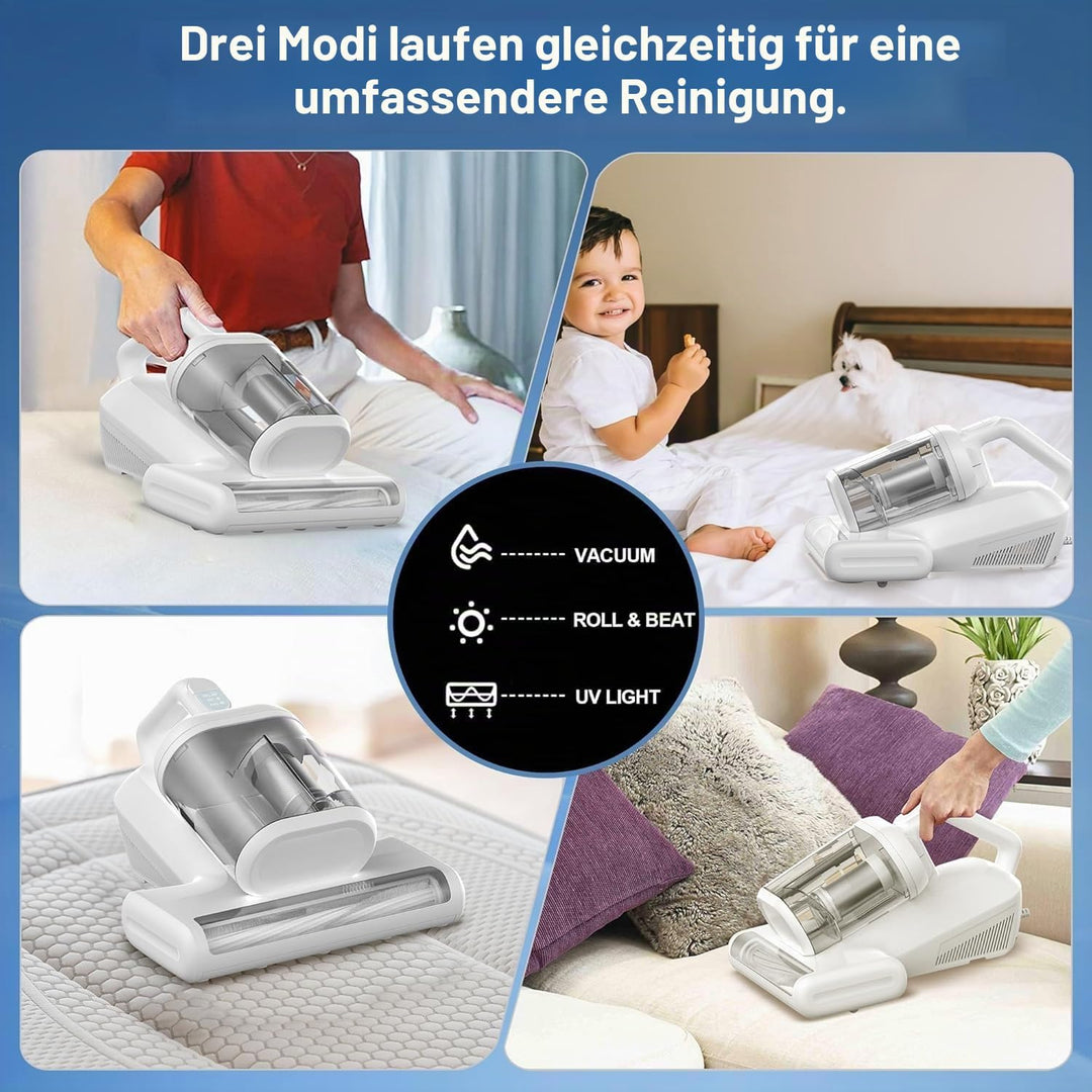 Milbensauger für Matratzen mit UV Licht - 15KPa Milbenstaubsauger mit 5M Kabel und 60℃ Heissluftfunk