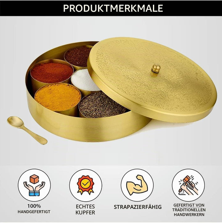 Grainex Indische Gewürzbox aus Messing, runder Masala-Kanister mit geprägtem Deckel, 7 Behälter und