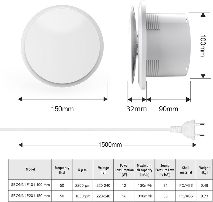 Badlüfter 100mm, 12W Leiser Abluftventilator, 130m³/h Starker Lüftung Wandventilator, Geräuscharme B