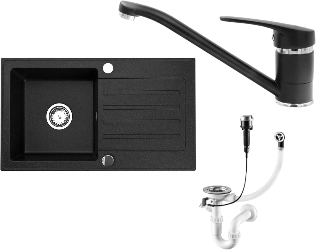 Faizee Möbel Granitspüle 76x44 Küchenspüle Eckig Spülbecken f. Unterschränke ab 45 cm inkl.Siphon Se