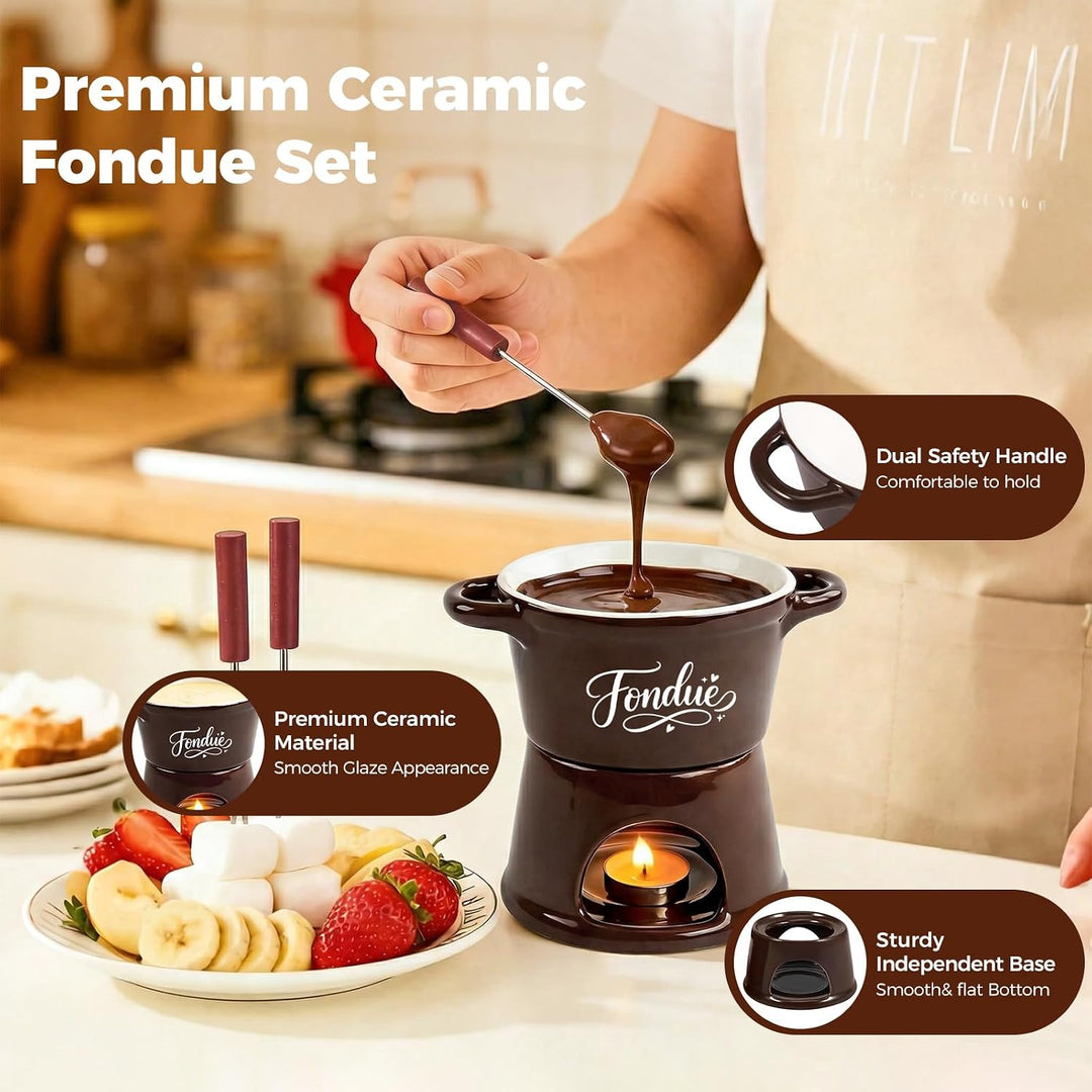 Yoassi 2 Stück Keramik Käsefondue Set, Mini Schokoladenfondue Tasse, Käsebecher mit 8 Gabeln, Schmel