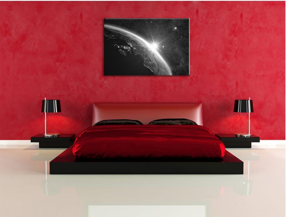 Pixxprint Die Sonne und Erde im Weltall Kunst B&W als Leinwandbild/Grösse: 100x70 / Wandbild/Kunstdr