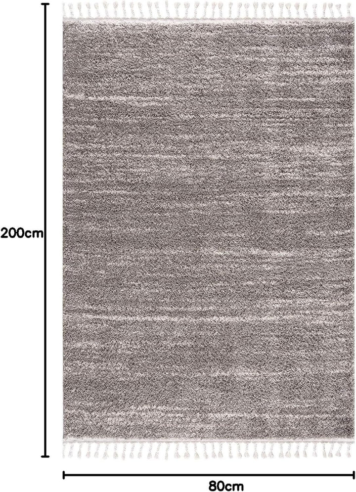 Teppich Hochflor Wohnzimmer - Ethno Stil Meliert 80x200 cm Grau Creme - Teppiche mit Fransen, 80/200
