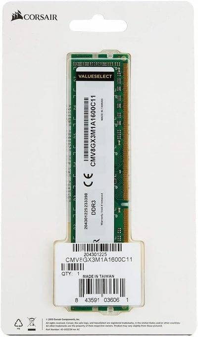 Corsair CMV8GX3M1A1600C11 Value Select 8GB (1x8GB) DDR3 1600 Mhz CL11 Standard Desktop Memory, 1600M