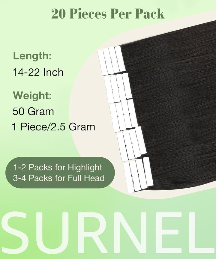 SURNEL Tape in Echthaarverlängerungen Tape Farbe Natur Schwarz 14 Zoll 50 Gramm 20Pcs Seidiges Glatt