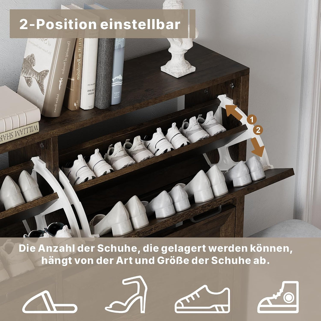 Schuhschrank mit 2 Klappschubladen，120x 81x23cm，Schmaler freistehender Schuh-Organizer，für Eingangsb