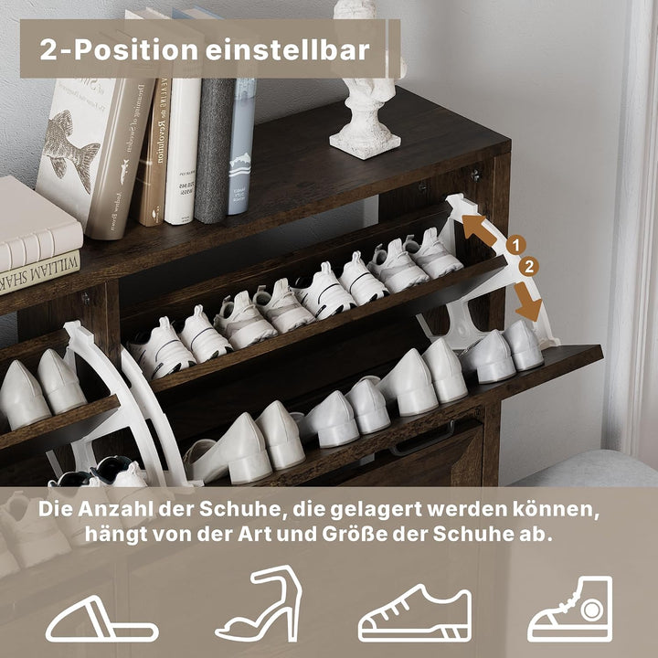 Schuhschrank mit 2 Klappschubladen，120x 81x23cm，Schmaler freistehender Schuh-Organizer，für Eingangsb