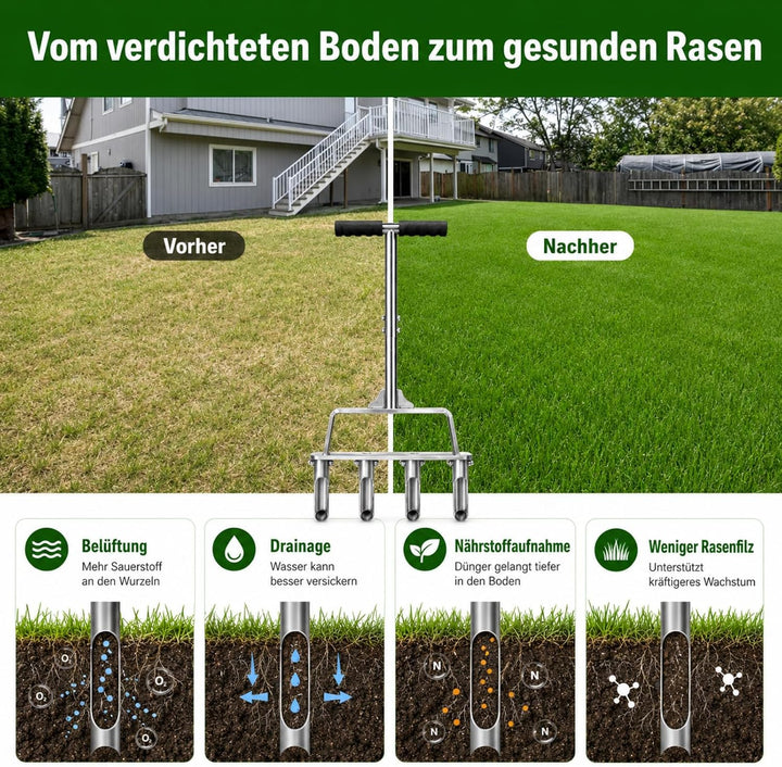 Rasenlüfter aus Edelstahl, 4 Zinken Hohlzinken, Manueller Rasenbelüfter & Aerifizierer für Verdichte