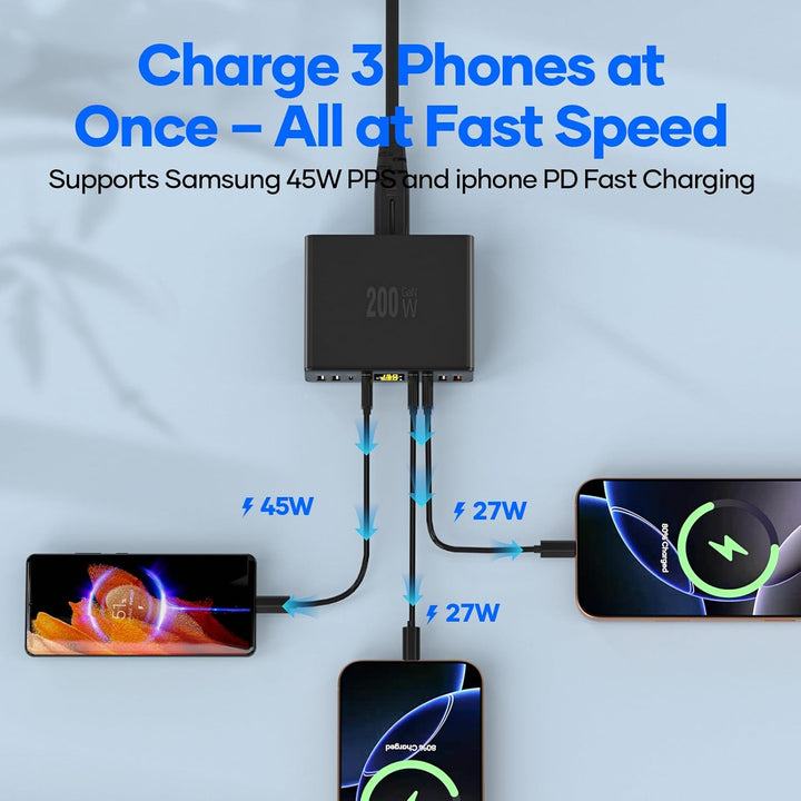 USB C Ladegerät Mehrfach 8-Port mit LED Anzeige, YSYFAD 200W GAN USB Ladestation PPS PD Type C Netzt
