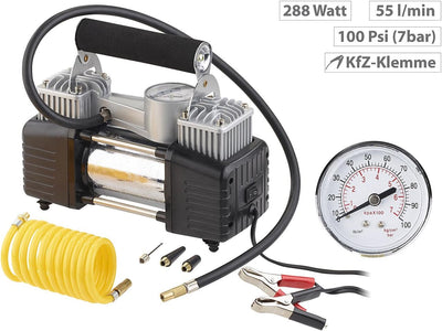 Lescars Luftkompressor 12 Volt: Mobiler Luft-Kompressor, Manometer, 12 V, 100 psi, 288 Watt, 3 Adapt