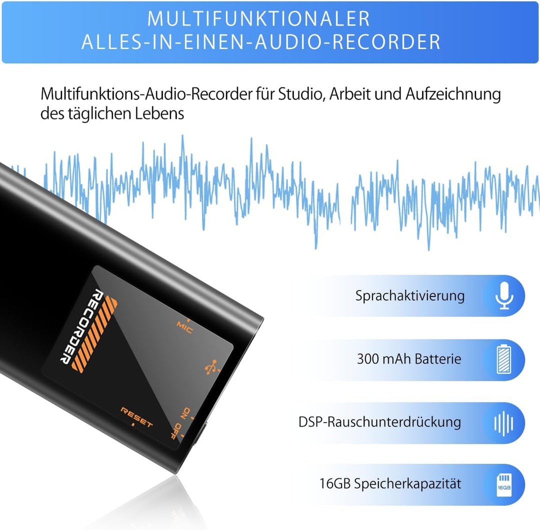 Mini Diktiergerät mit eingebautem Magnet,16GB Tragbares digitales Aufnahmegerät mit OTG-Anschluss, O