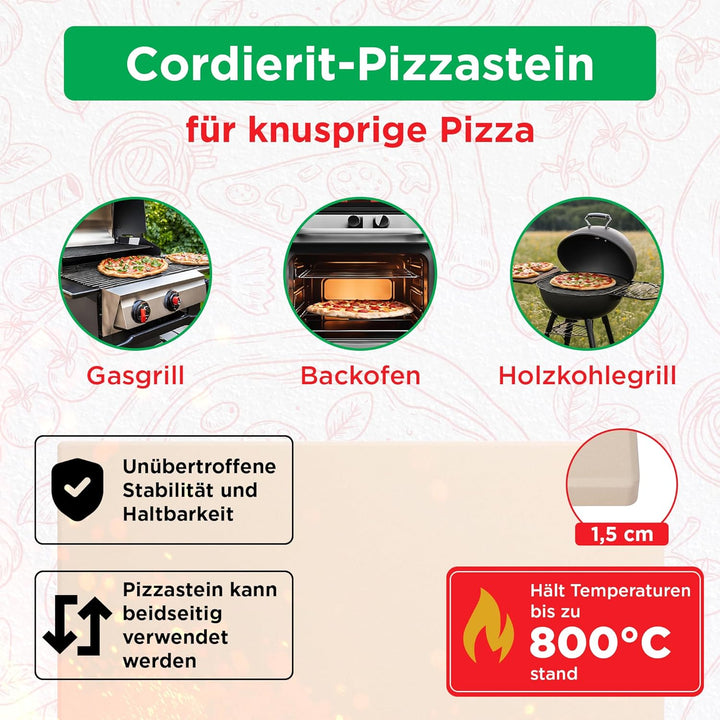 Pizza Lover Premium Pizzastein-Set für Backofen & Grill – 4in1 – inkl. perforiertem Pizzaschieber (h