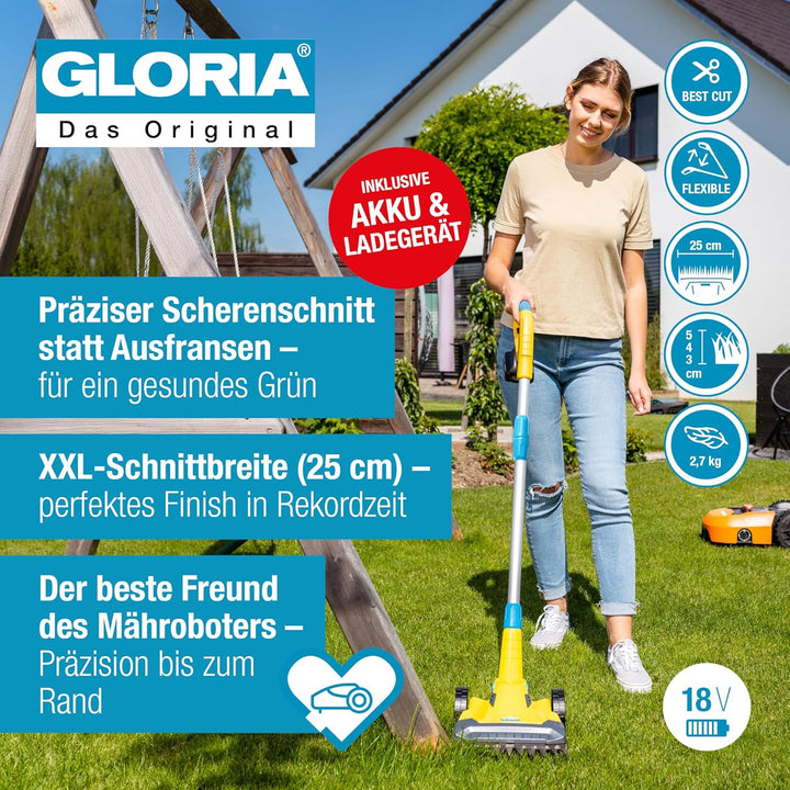 GLORIA Akku Rasen-und Kantenschneider FineCut 18V Set - Ergänzung für Mähroboter | Akku Rasenmäher/R