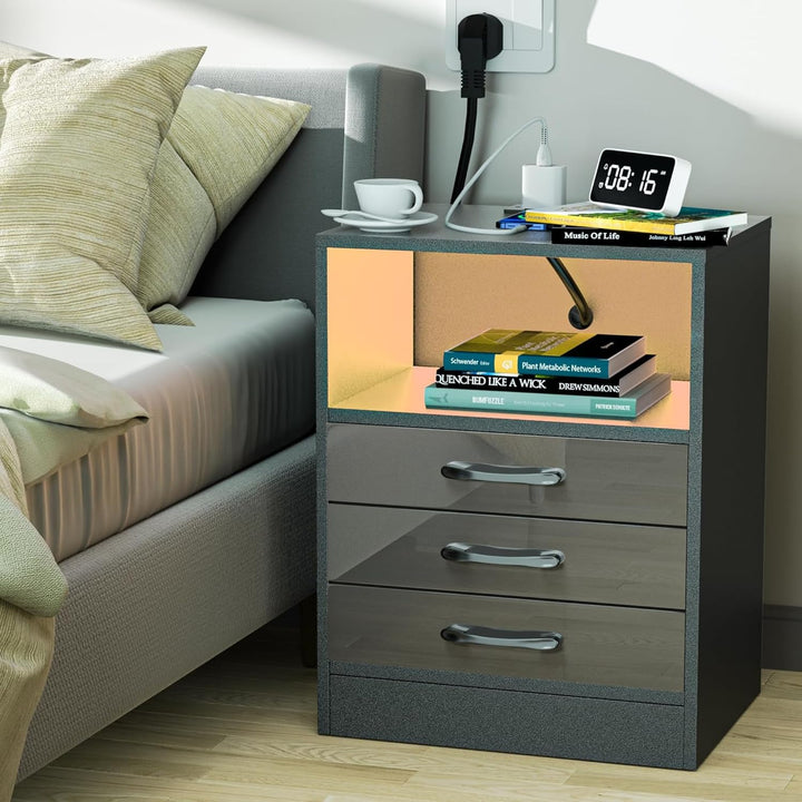 PIPIPOXER 2er Set Nachttisch mit Steckdose & USB, Nachttisch Schwarz Hochglanz, Nachttische mit 3 Sc