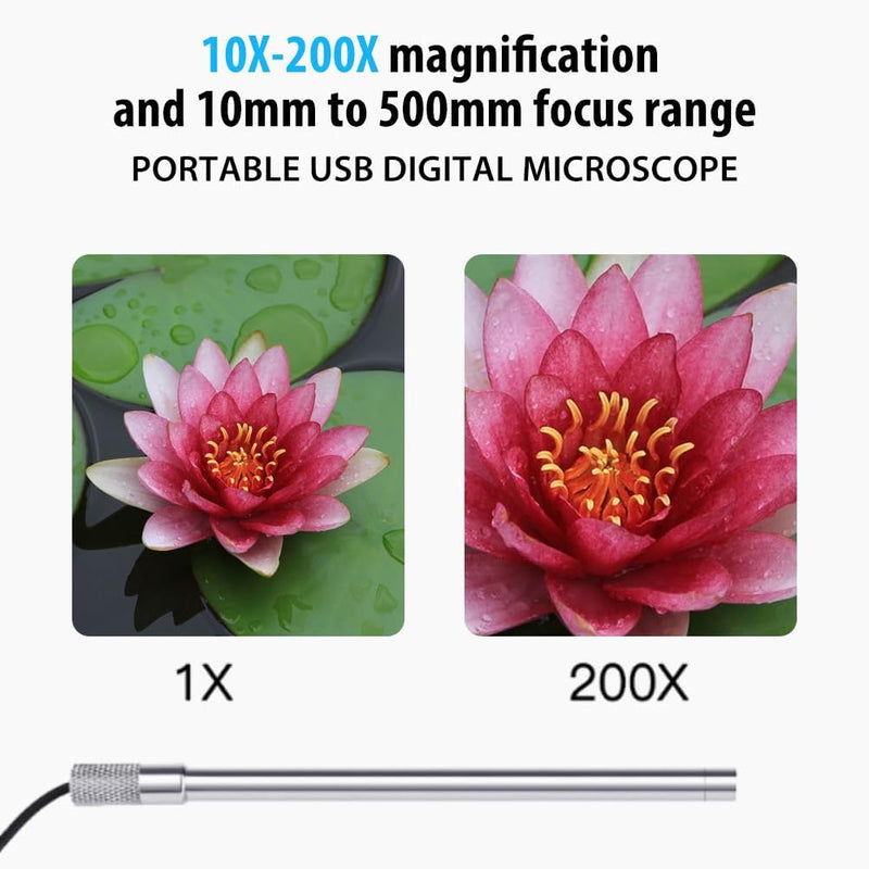 USB-Digitalmikroskop, Kamera mit 200-facher Vergrösserung und Ständer, Handmikroskop mit 2 Megapixel