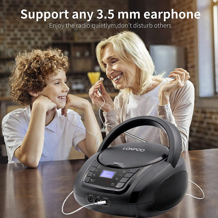 Tragbarer CD-Player Boombox mit FM-Radio/Bluetooth/USB/AUX-Eingang | 3,5 mm MIC & Kopfhöreranschluss