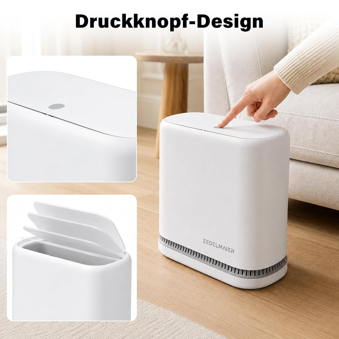 Zedelmaier Schmaler Mülleimer 8L mit Deckel Abfalleimer 15cm Weiss 2er Set | Druckknopf deckel; Hält
