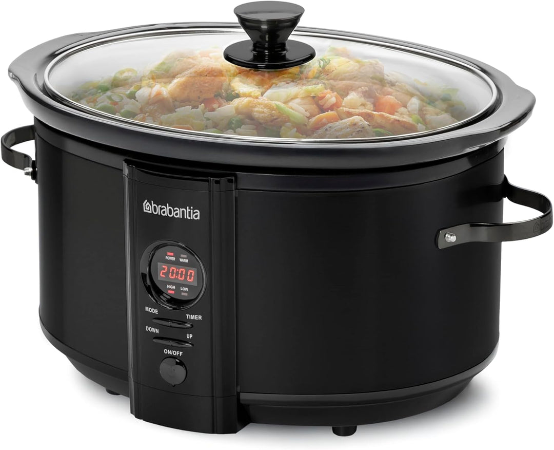 Brabantia Slow Cooker XXL - 6.5 Liter, 8 Personen, Warmhaltefunktion, Durchsichtiger Glasdeckel, Ker