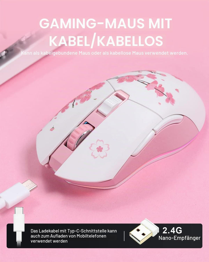 DAREU Sakura Pink Wireless Wired Gaming Mouse, Dual-Mode Wiederaufladbar, 6 Programmierbare Tasten,